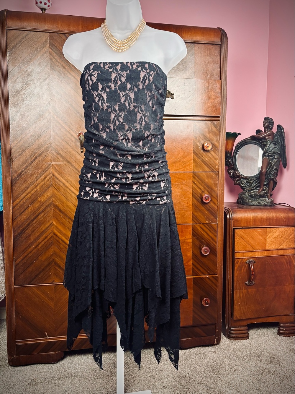 Vintage 90’s Strapless Fairy Goth Black Stretch Lace Dress M